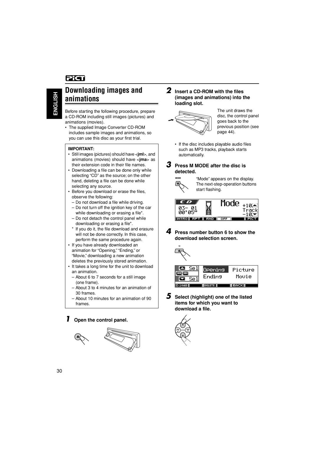 JVC KD-AR3000, KD-LH300 manual Downloading images and animations, Press M Mode after the disc is detected 