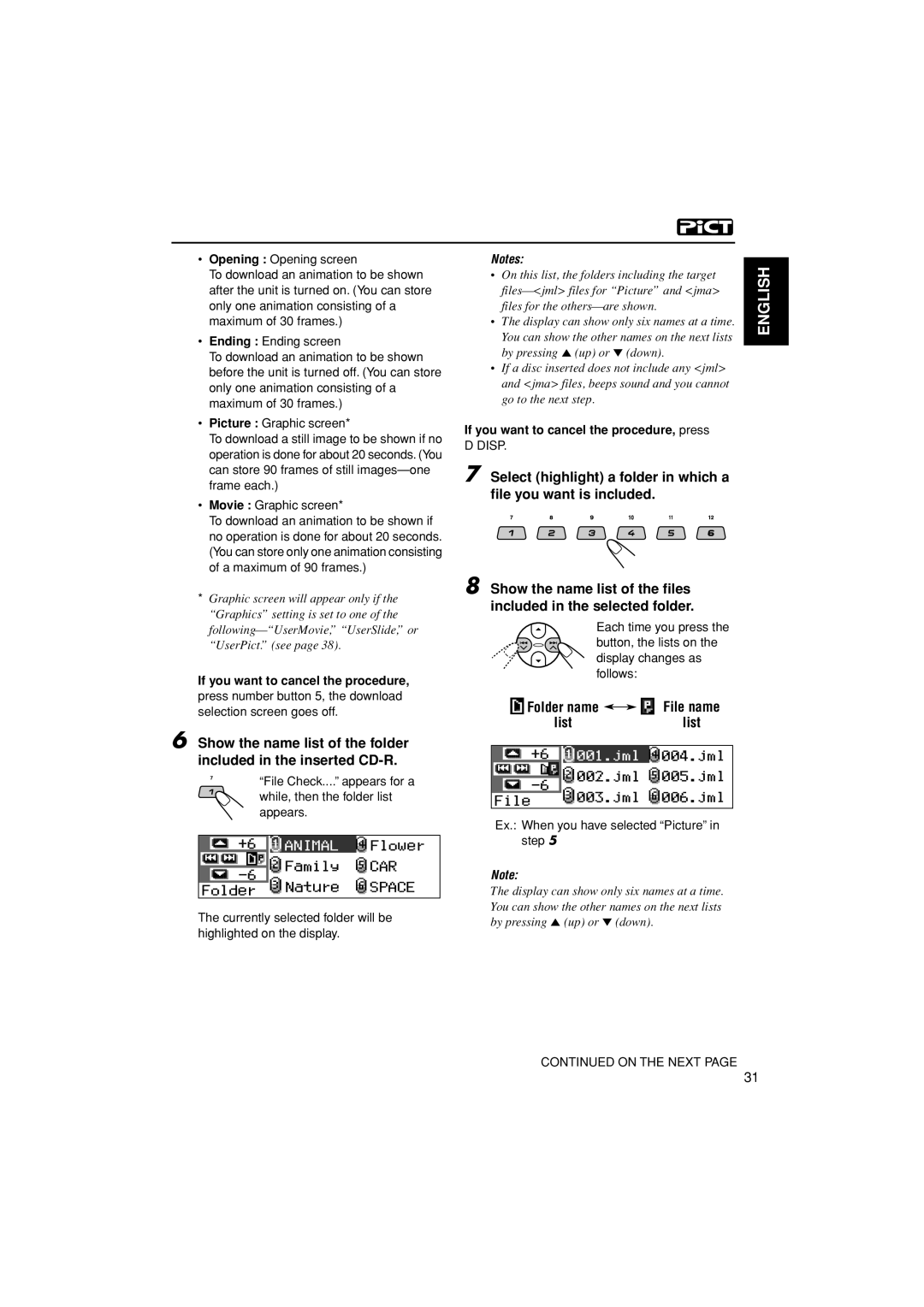 JVC KD-LH300 File name, List, If you want to cancel the procedure, press, Ex. When you have selected Picture in step 