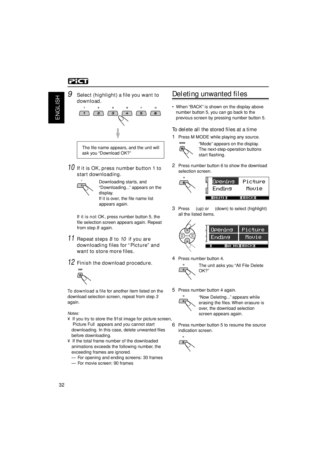 JVC KD-AR3000 manual Deleting unwanted files, To delete all the stored files at a time, Select highlight a file you want to 