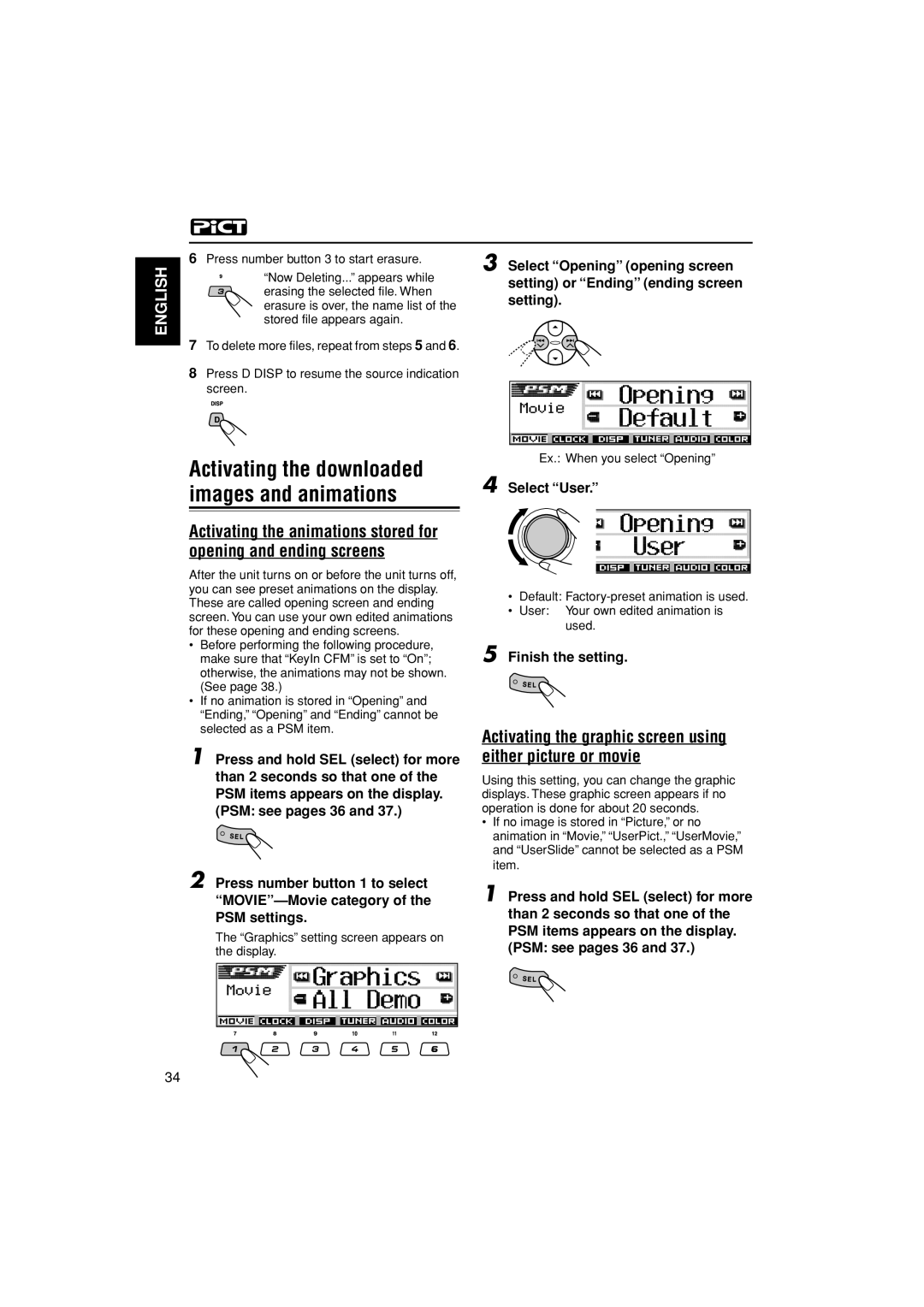 JVC KD-AR3000 manual Activating the graphic screen using either picture or movie, Select Opening opening screen, Setting 