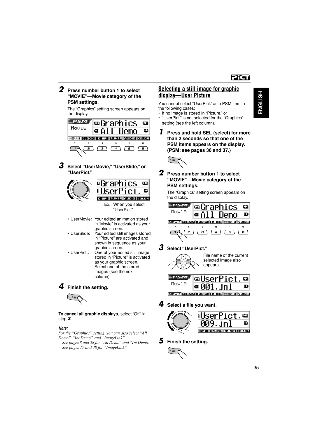 JVC KD-LH300 manual Select UserMovie, UserSlide, or UserPict, Select UserPict, Select a file you want Finish the setting 