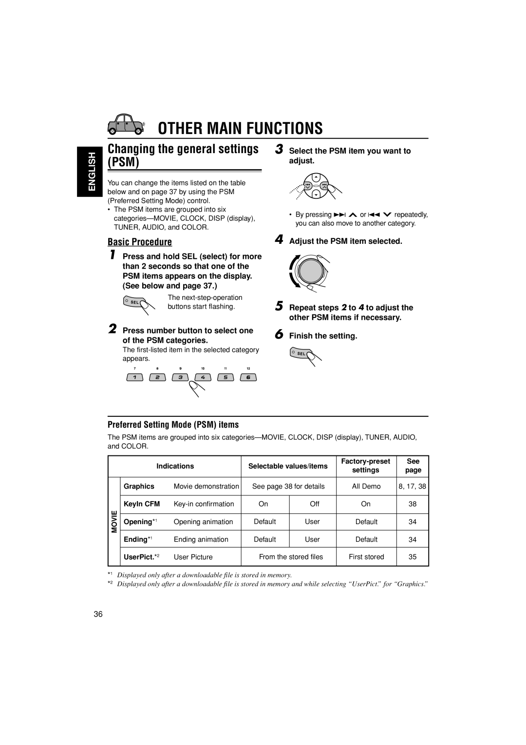 JVC KD-AR3000 Other Main Functions, Changing the general settings PSM, Basic Procedure, Preferred Setting Mode PSM items 