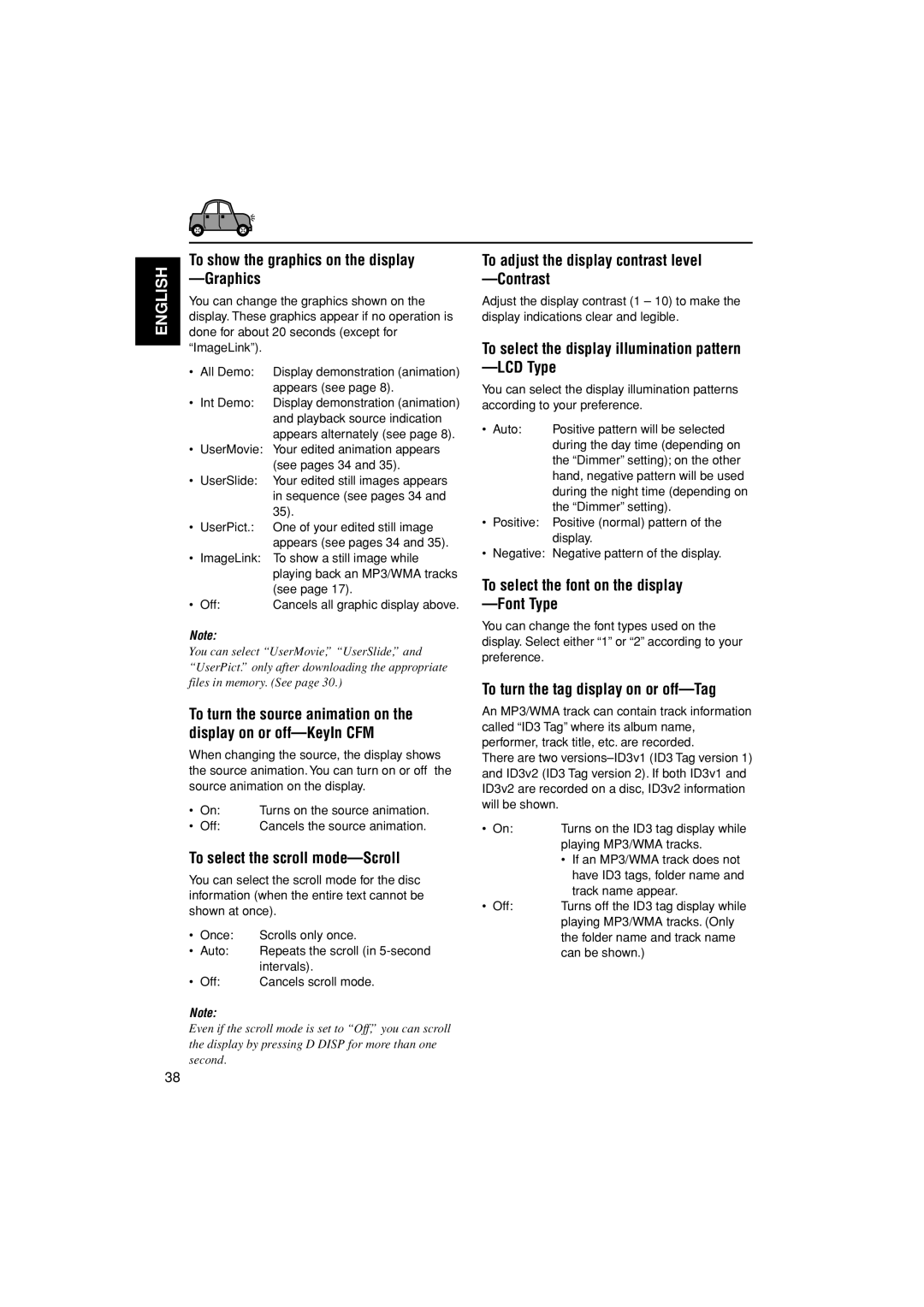 JVC KD-AR3000, KD-LH300 manual To show the graphics on the display -Graphics, To select the scroll mode-Scroll 