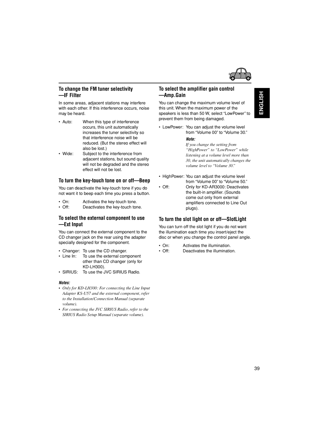 JVC KD-LH300 manual To change the FM tuner selectivity If Filter, To select the amplifier gain control Amp.Gain, Ext Input 