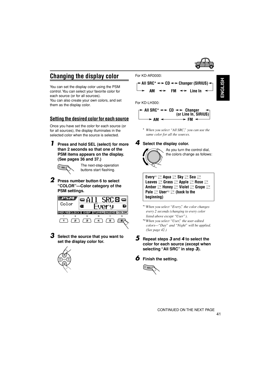 JVC KD-LH300, KD-AR3000 manual Changing the display color, Setting the desired color for each source, AM FM Line, All SRC 