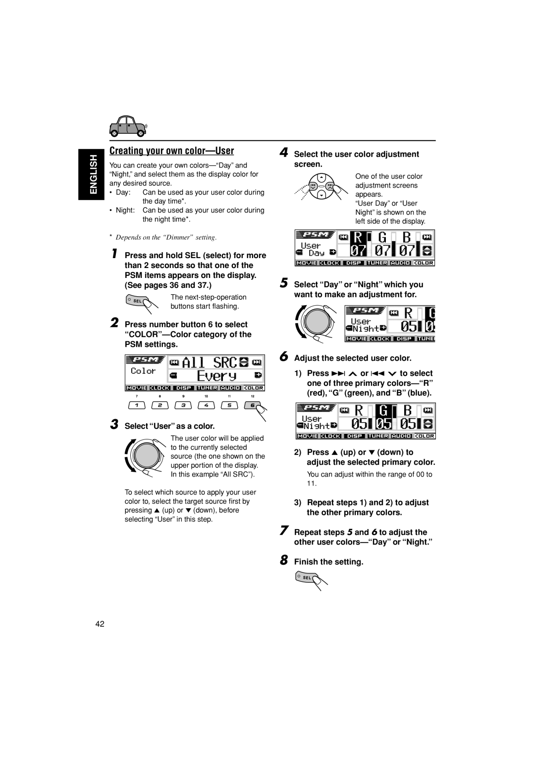 JVC KD-AR3000, KD-LH300 manual Creating your own color-User, Select the user color adjustment screen 