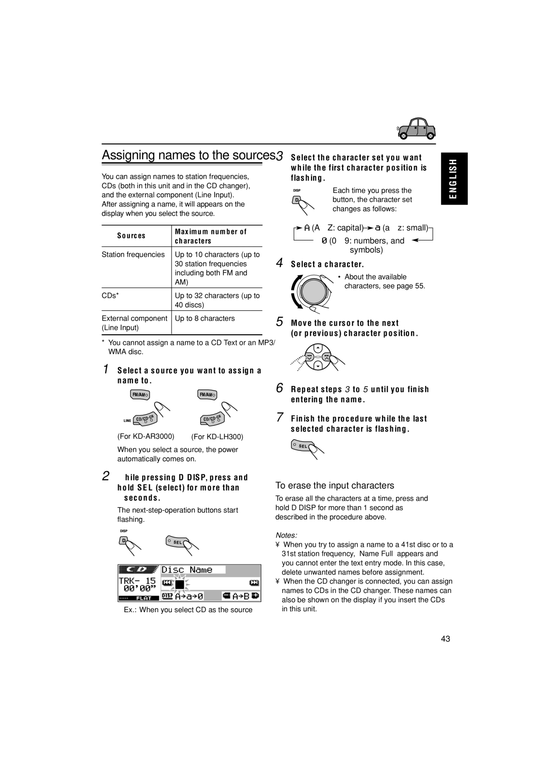 JVC KD-LH300, KD-AR3000 manual To erase the input characters, Select a source you want to assign a name to 