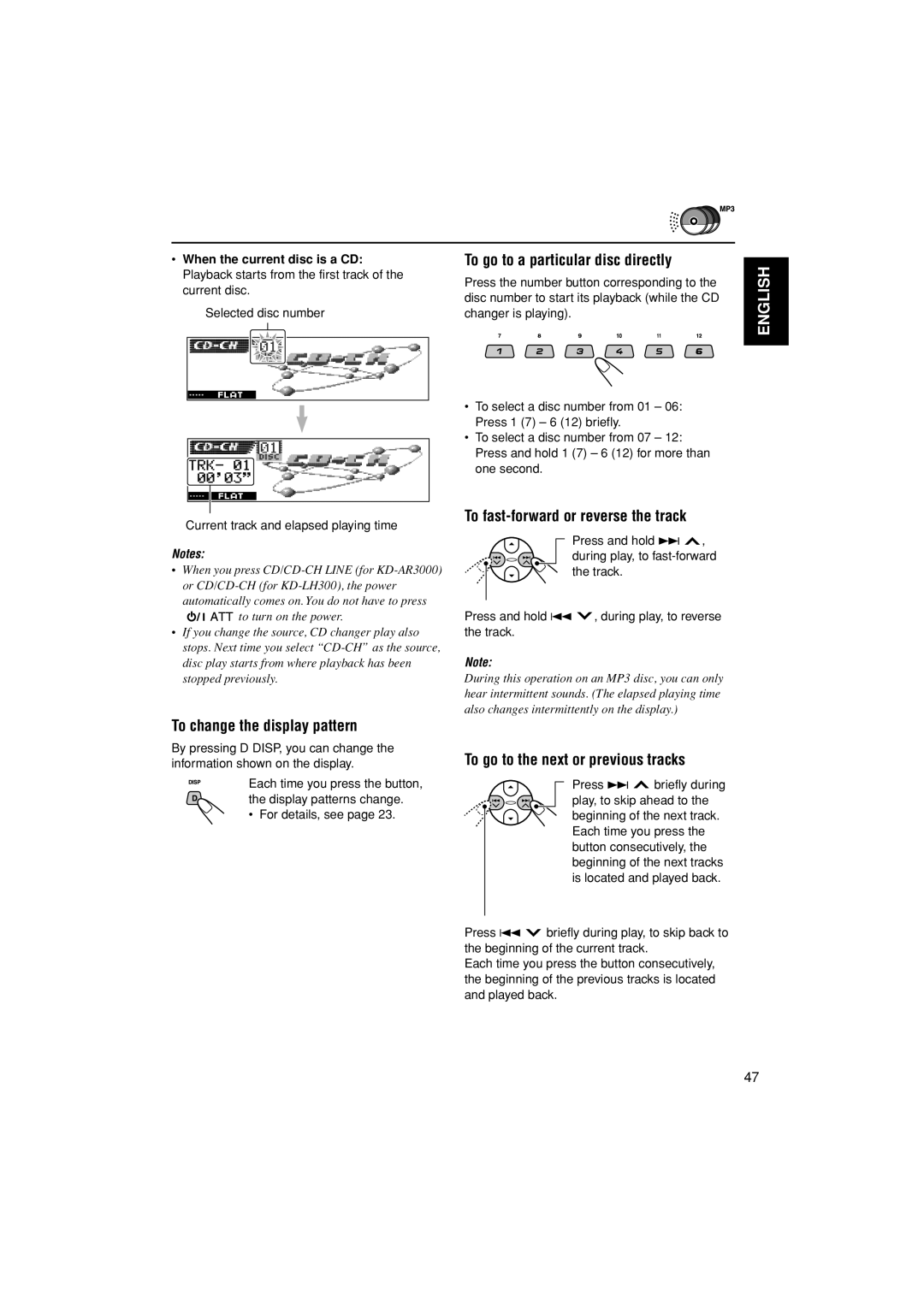 JVC KD-LH300 To change the display pattern, To go to a particular disc directly, To fast-forward or reverse the track 