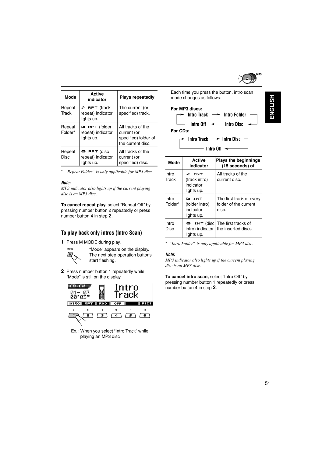 JVC KD-LH300, KD-AR3000 Intro Track Intro Folder Intro Off Intro Disc, Mode Active Plays repeatedly, Indicator Seconds 