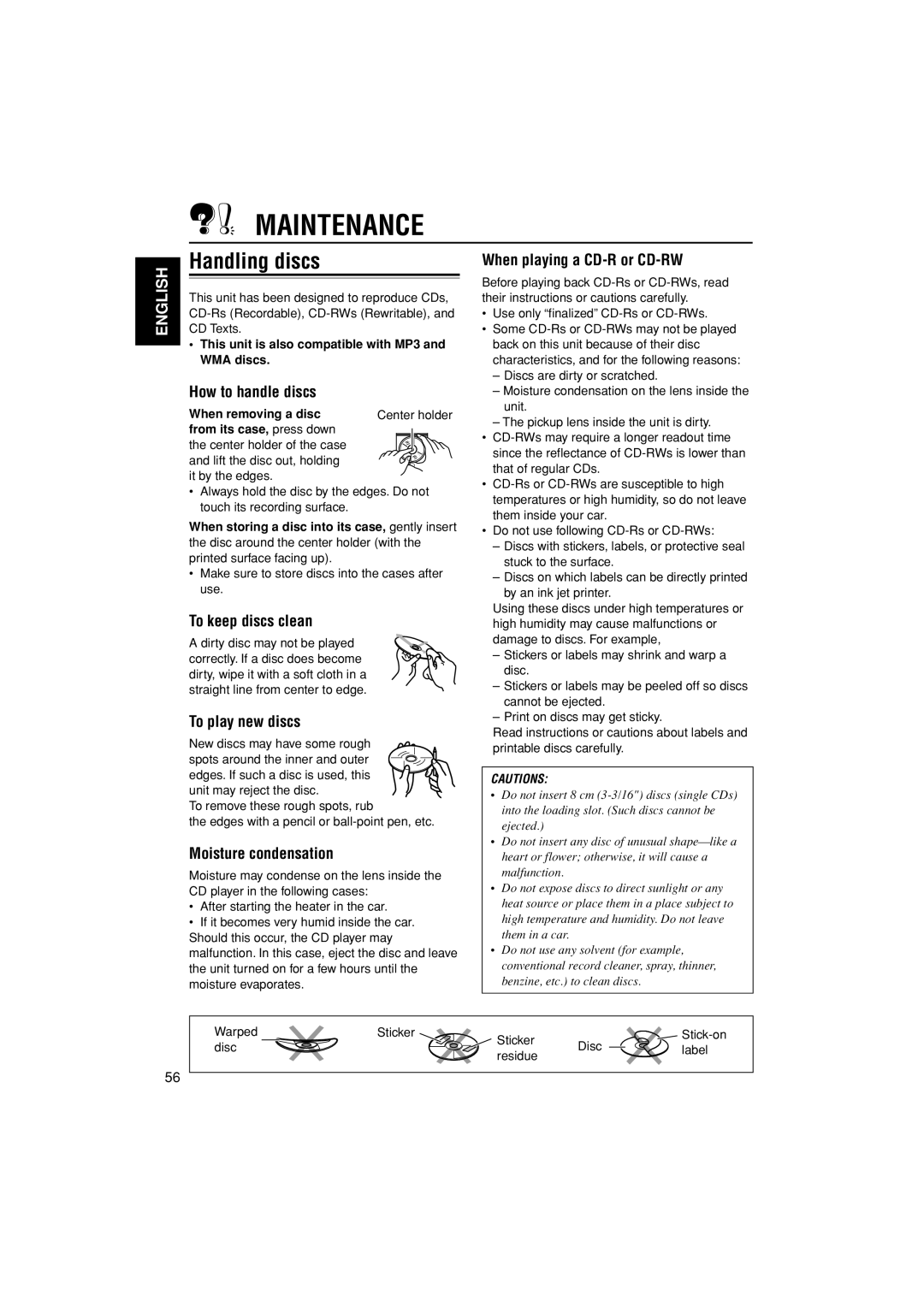 JVC KD-AR3000, KD-LH300 manual Maintenance, Handling discs 