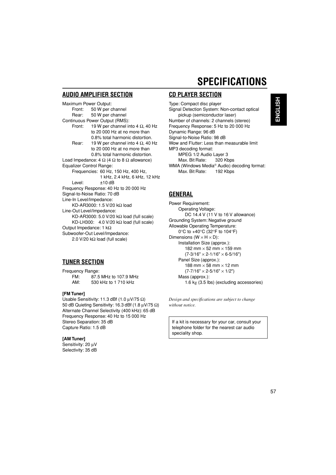 JVC KD-LH300, KD-AR3000 manual Specifications, FM Tuner, AM Tuner 