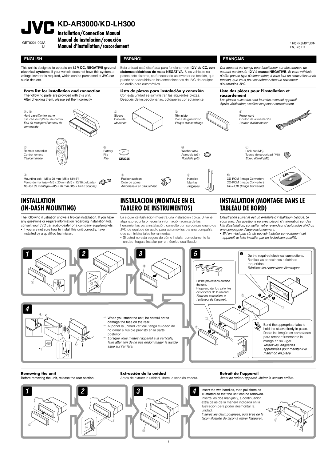 JVC KD-LH300 manual Tableau DE Bord, Liste des pièces pour l’installation et raccordement, Removing the unit, GET0201-002A 