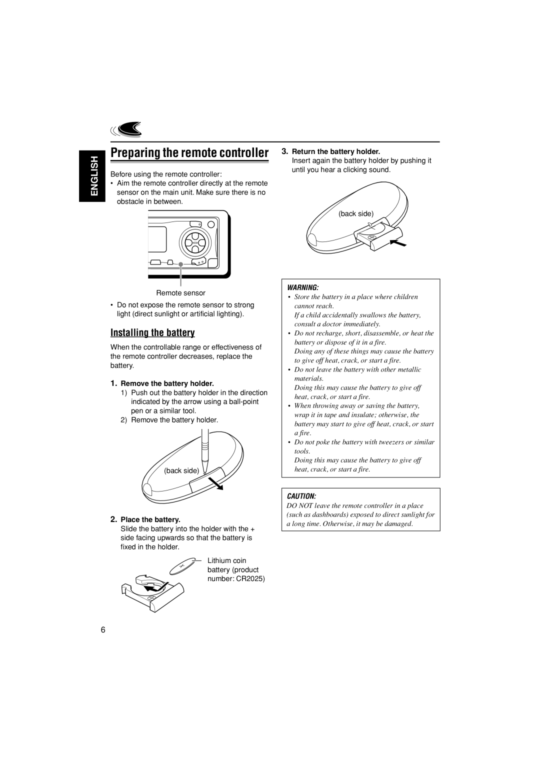 JVC KD-AR3000, KD-LH300 manual Installing the battery, Remove the battery holder, Place the battery 