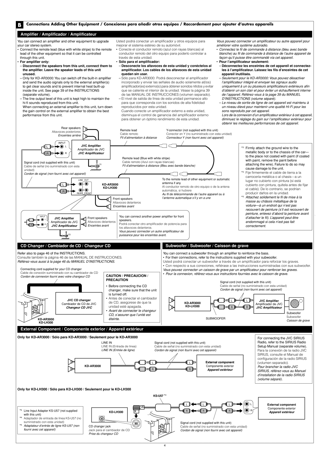 JVC KD-AR3000, KD-LH300 manual JVC CD changer, KS-U57 *4, External component 
