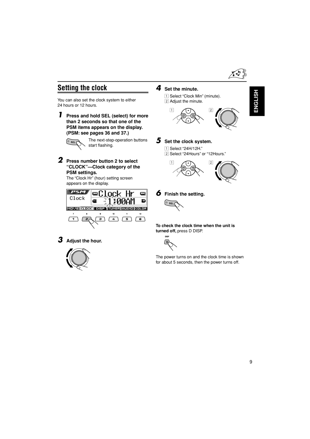 JVC KD-LH300, KD-AR3000 manual Setting the clock 