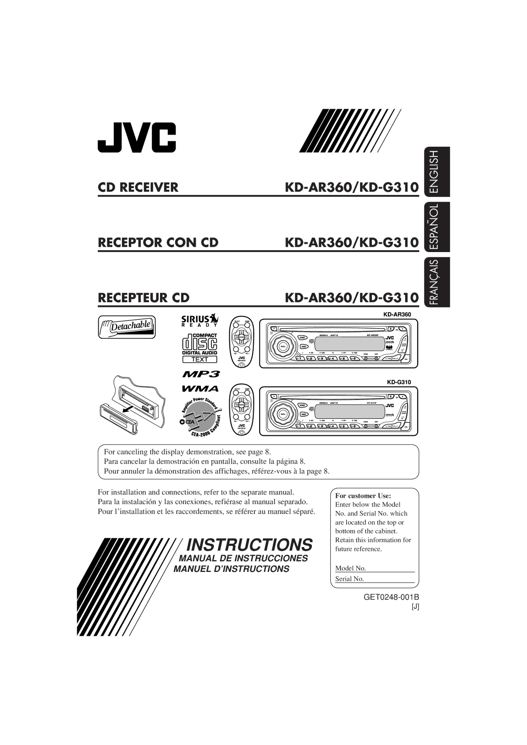 JVC manual CD Receiver Receptor CON CD Recepteur CD, KD-AR360/KD-G310 