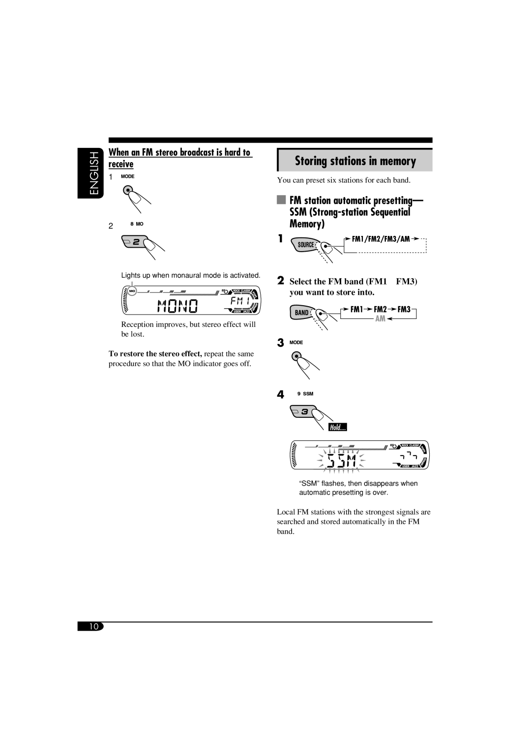 JVC KD-AR360, KD-G310 manual SSM Strong-station Sequential Memory, Receive, FM station automatic presetting 