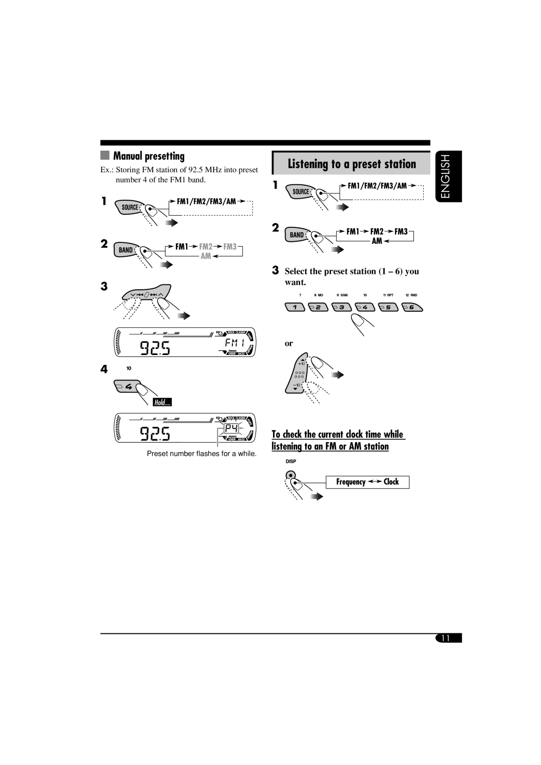 JVC KD-G310, KD-AR360 manual Listening to a preset station, Manual presetting 