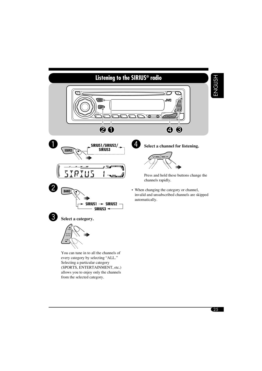 JVC KD-G310, KD-AR360 manual Listening to the Sirius radio, Select a category 