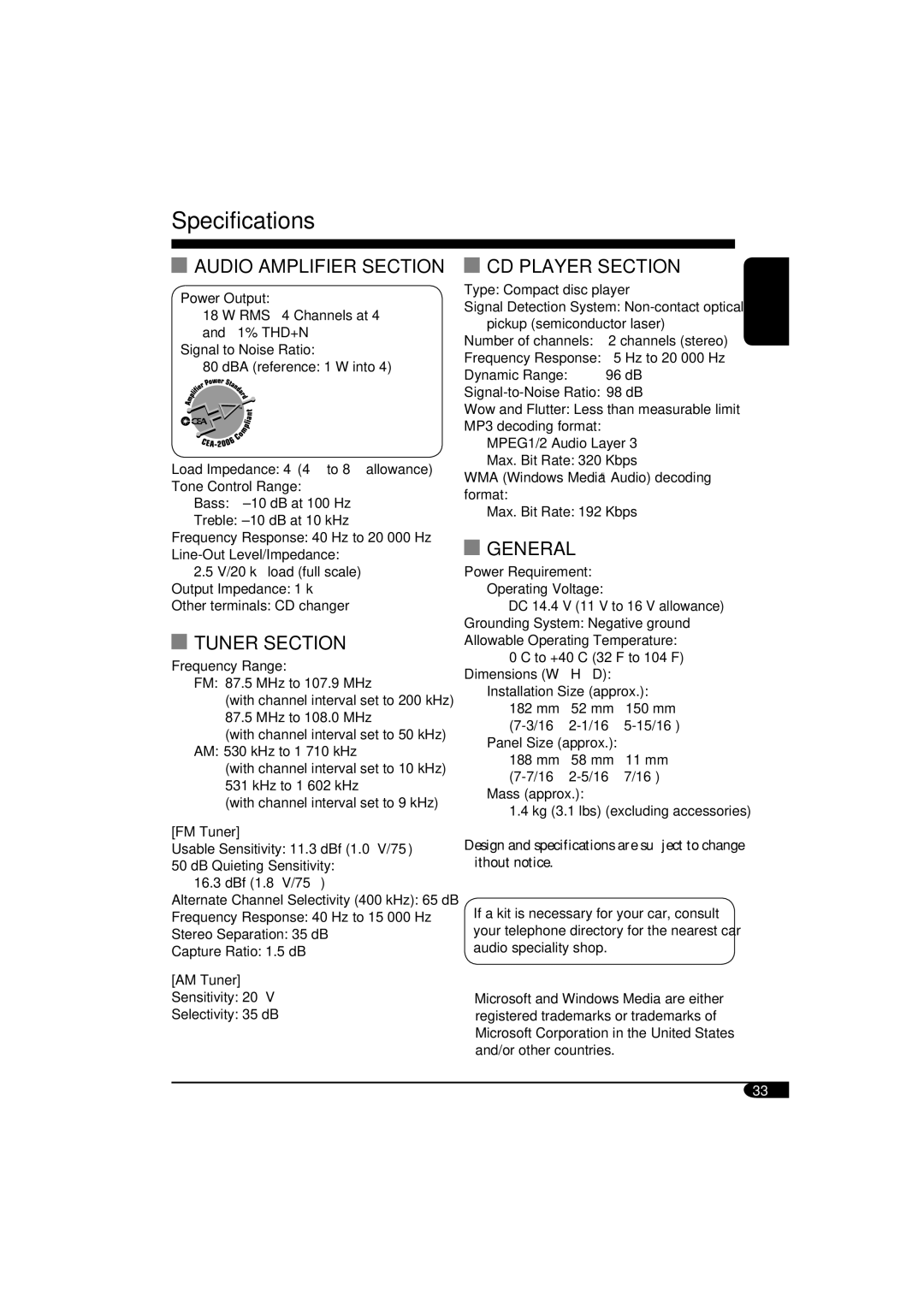 JVC KD-G310, KD-AR360 manual Specifications, Audio Amplifier Section 