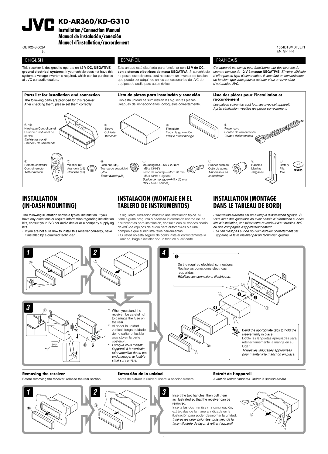 JVC KD-G310, KD-AR360 manual Parts list for installation and connection, Lista de piezas para instalación y conexión 