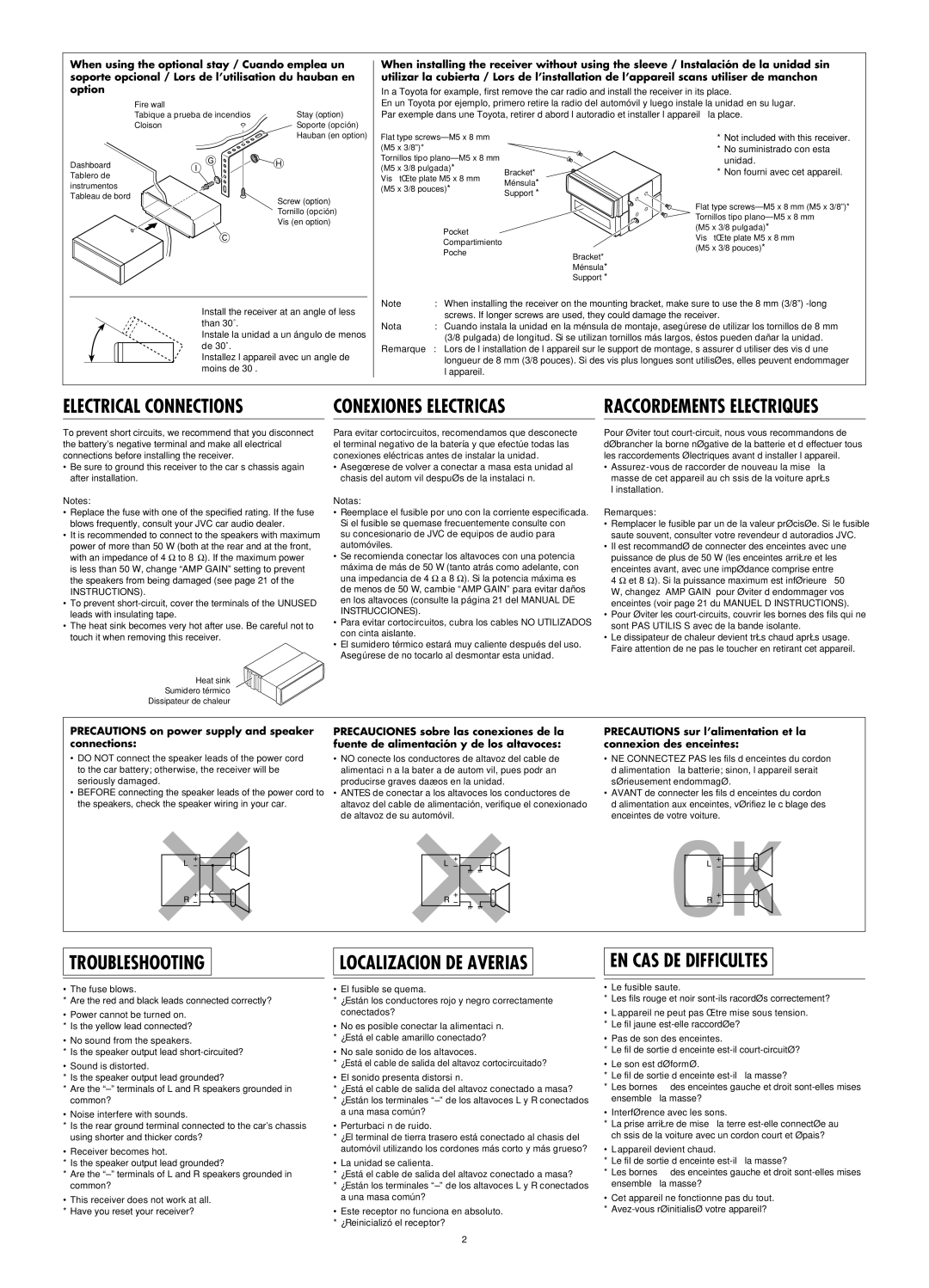 JVC KD-AR360, KD-G310 manual Precautions on power supply and speaker connections 