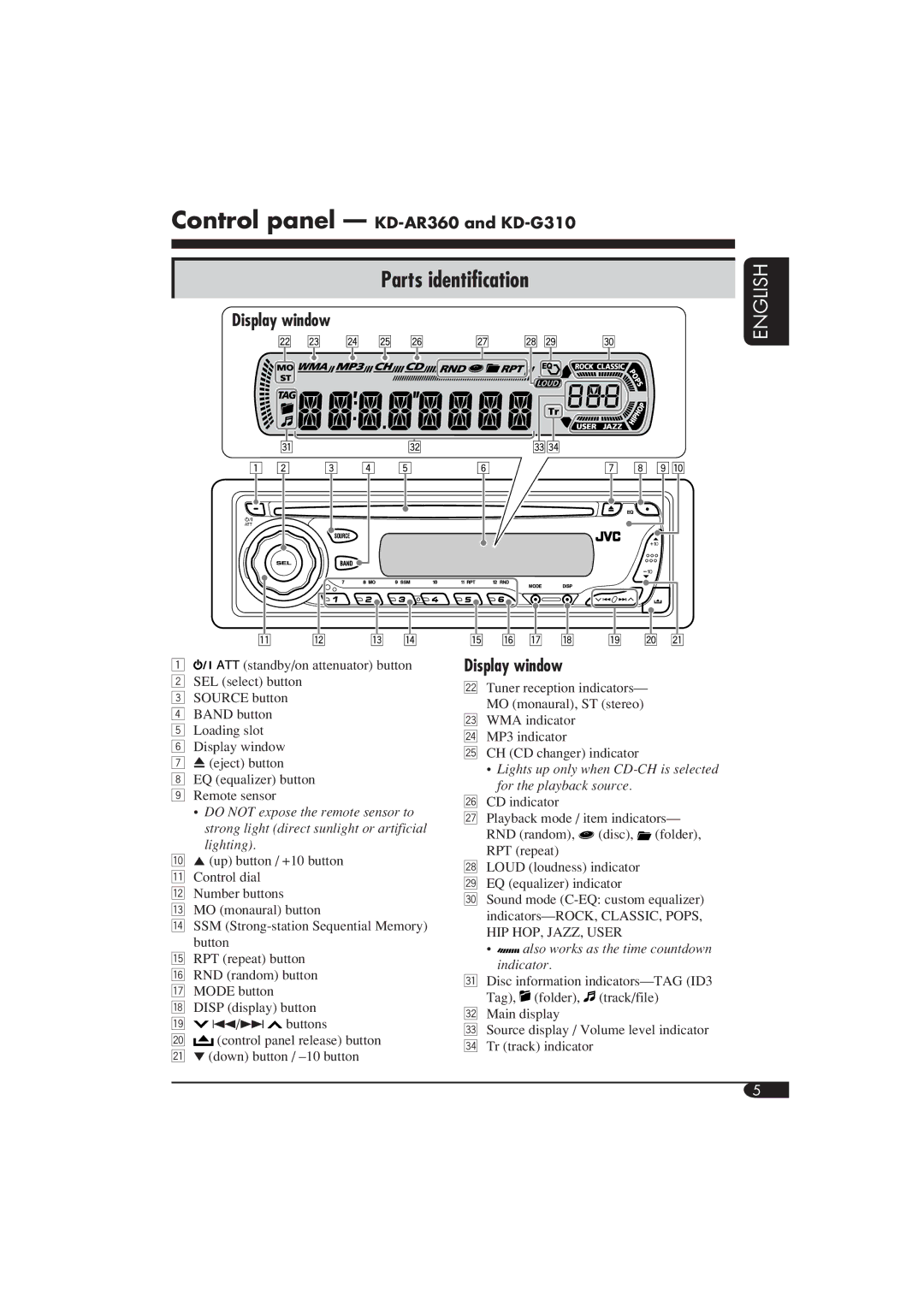 JVC manual Parts identification, Display window, Control panel KD-AR360 and KD-G310 