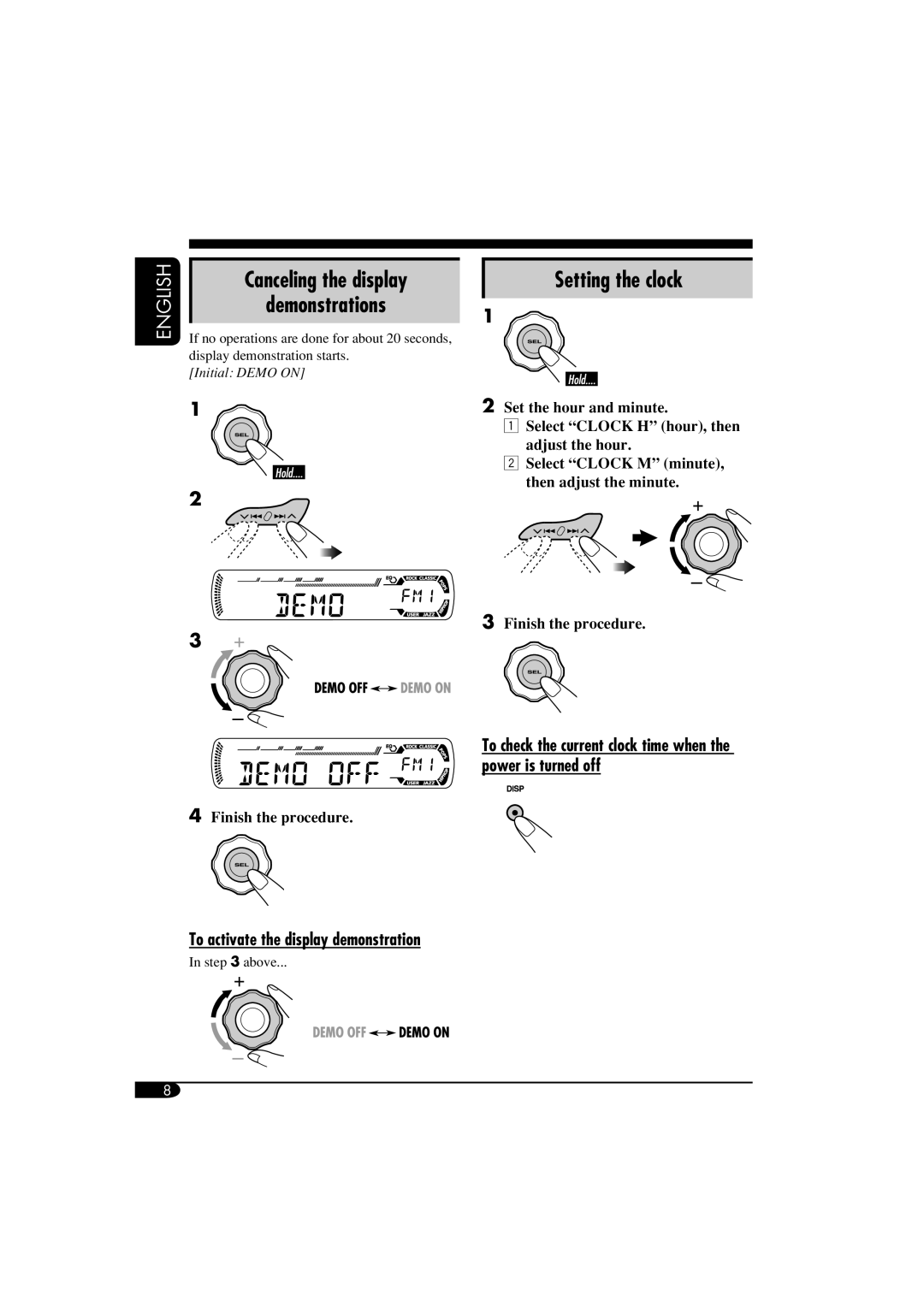 JVC KD-AR360, KD-G310 manual Setting the clock, Demonstrations, To activate the display demonstration 