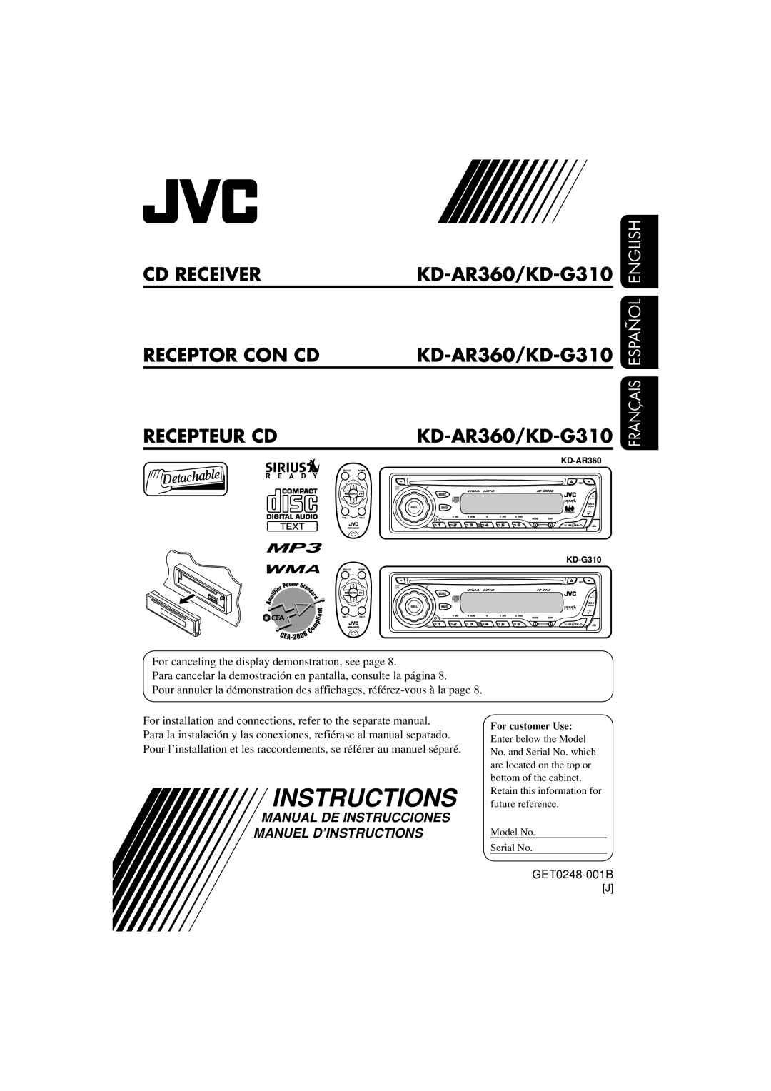 JVC manual Cd Receiver Receptor Con Cd Recepteur Cd, KD-AR360/KD-G310 KD-AR360/KD-G310, Français Español English 