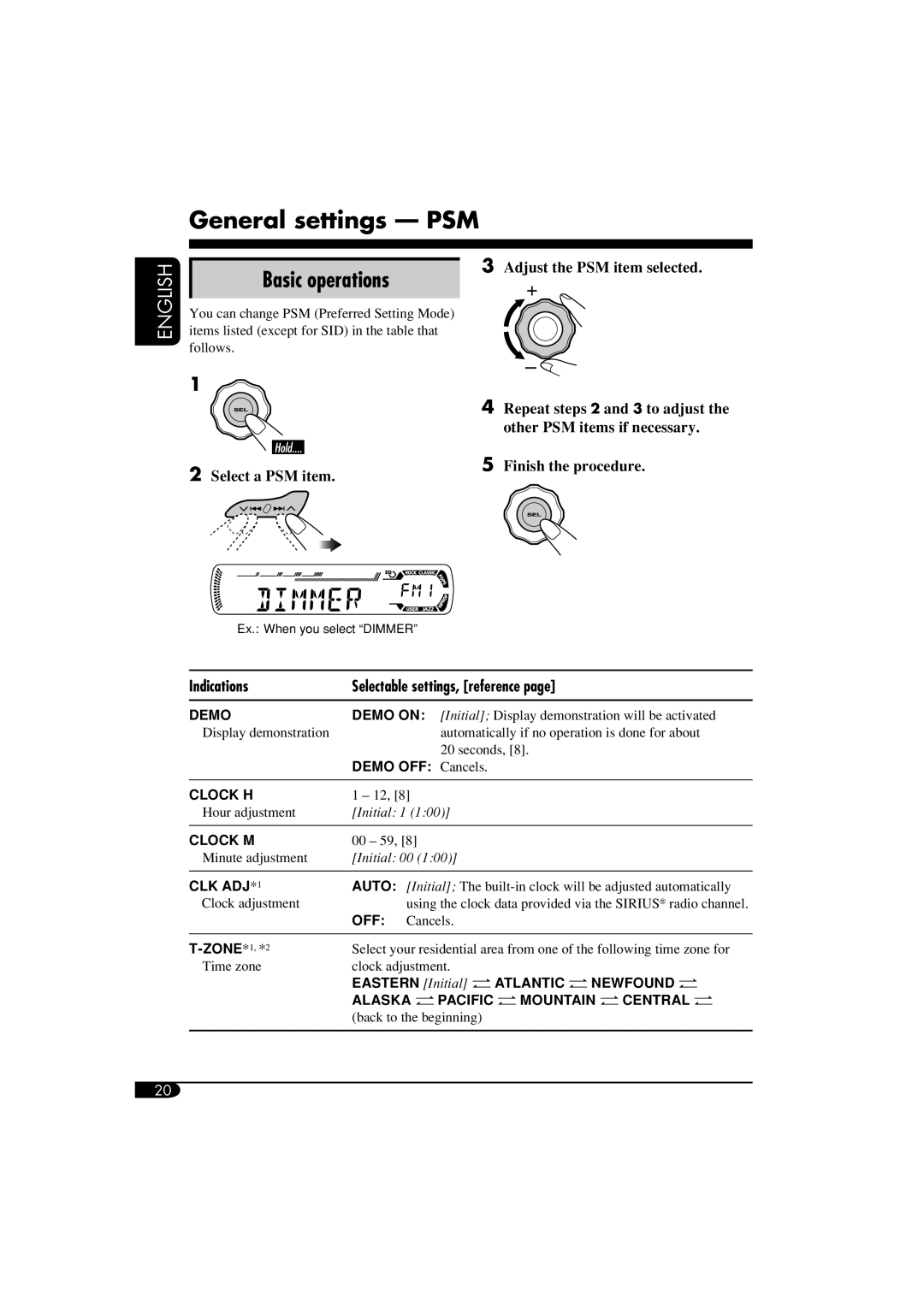 JVC KD-AR360 General settings - PSM, Basic operations, English, 2Select a PSM item, 3Adjust the PSM item selected, Demo 