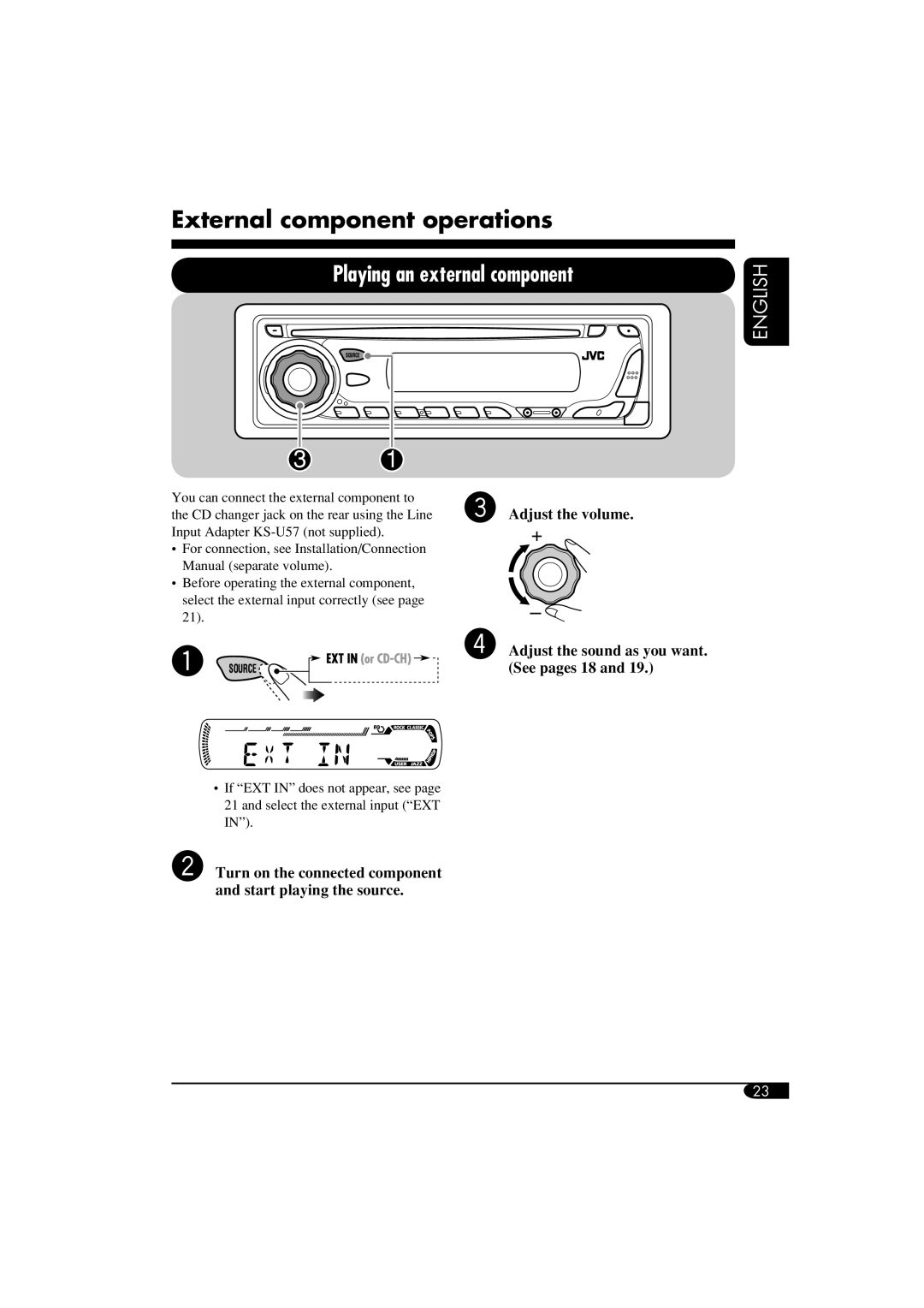 JVC KD-G310, KD-AR360 manual External component operations, Playing an external component, English, Adjust the volume 
