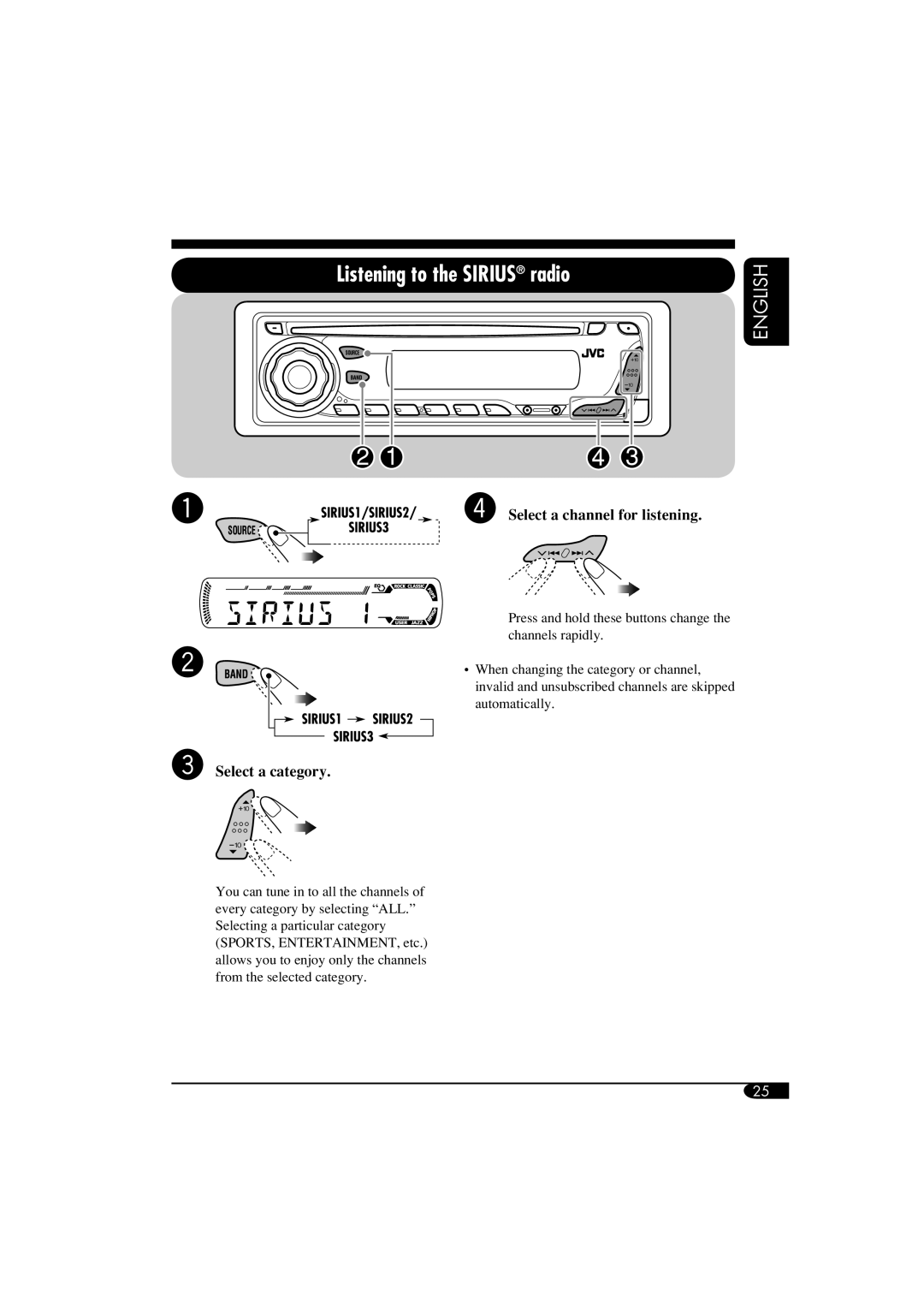 JVC KD-G310, KD-AR360 manual Listening to the SIRIUS radio, English, ⁄Select a channel for listening, Select a category 