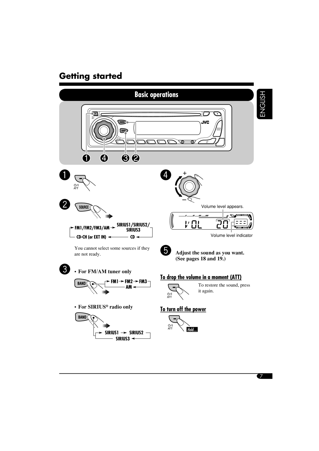 JVC KD-G310 manual Getting started, Basic operations, English, @ Adjust the sound as you want, See pages 18 and, it again 