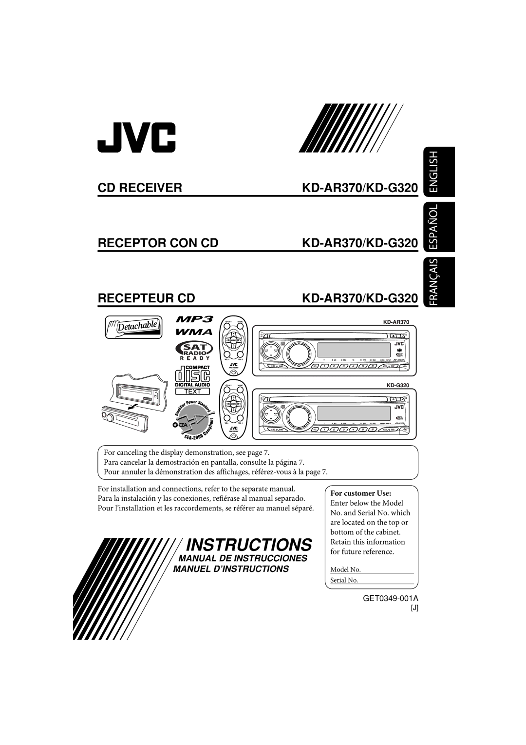 JVC KD-G320, KD-AR370 manual Instructions 