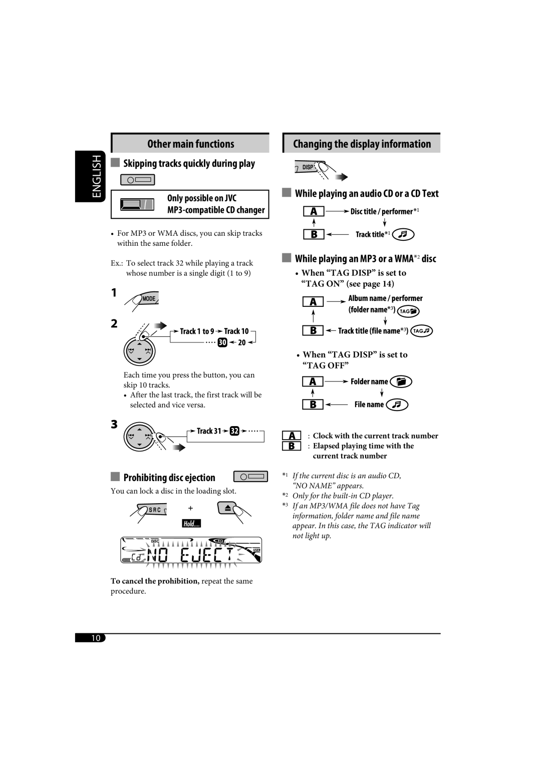 JVC KD-AR370 Changing the display information, Prohibiting disc ejection, Only possible on JVC MP3-compatible CD changer 