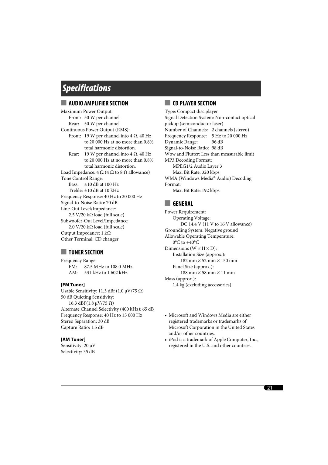 JVC KD-G320, KD-AR370 manual Specifications 