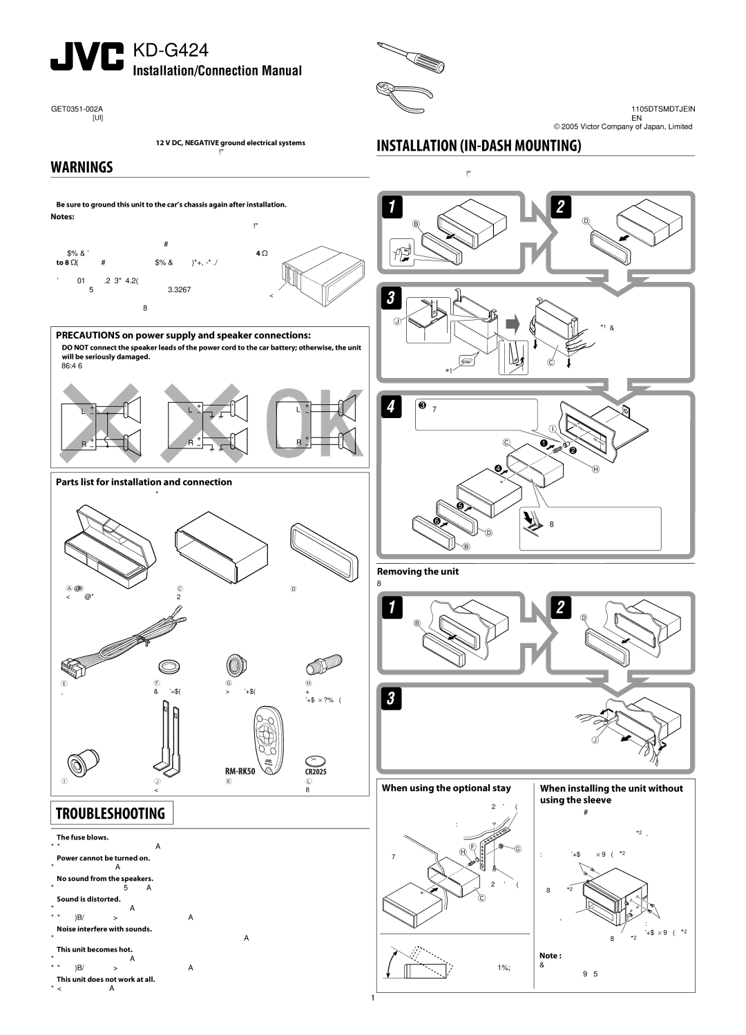 JVC KD-G320, KD-AR370 manual When using the optional stay, When installing the unit without using the sleeve 