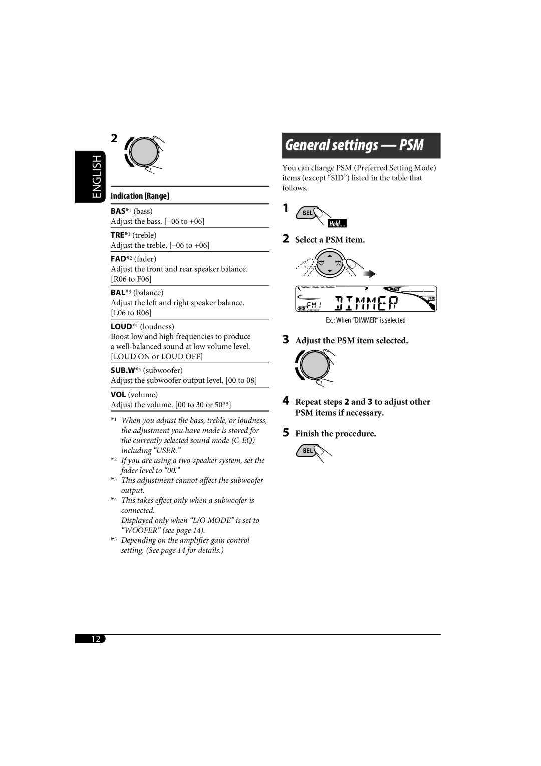 JVC KD-AR370, KD-G320 manual General settings PSM, Indication Range 