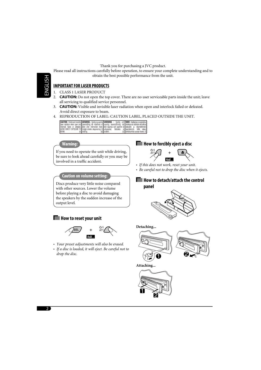 JVC KD-AR370, KD-G320 manual How to reset your unit How to forcibly eject a disc 