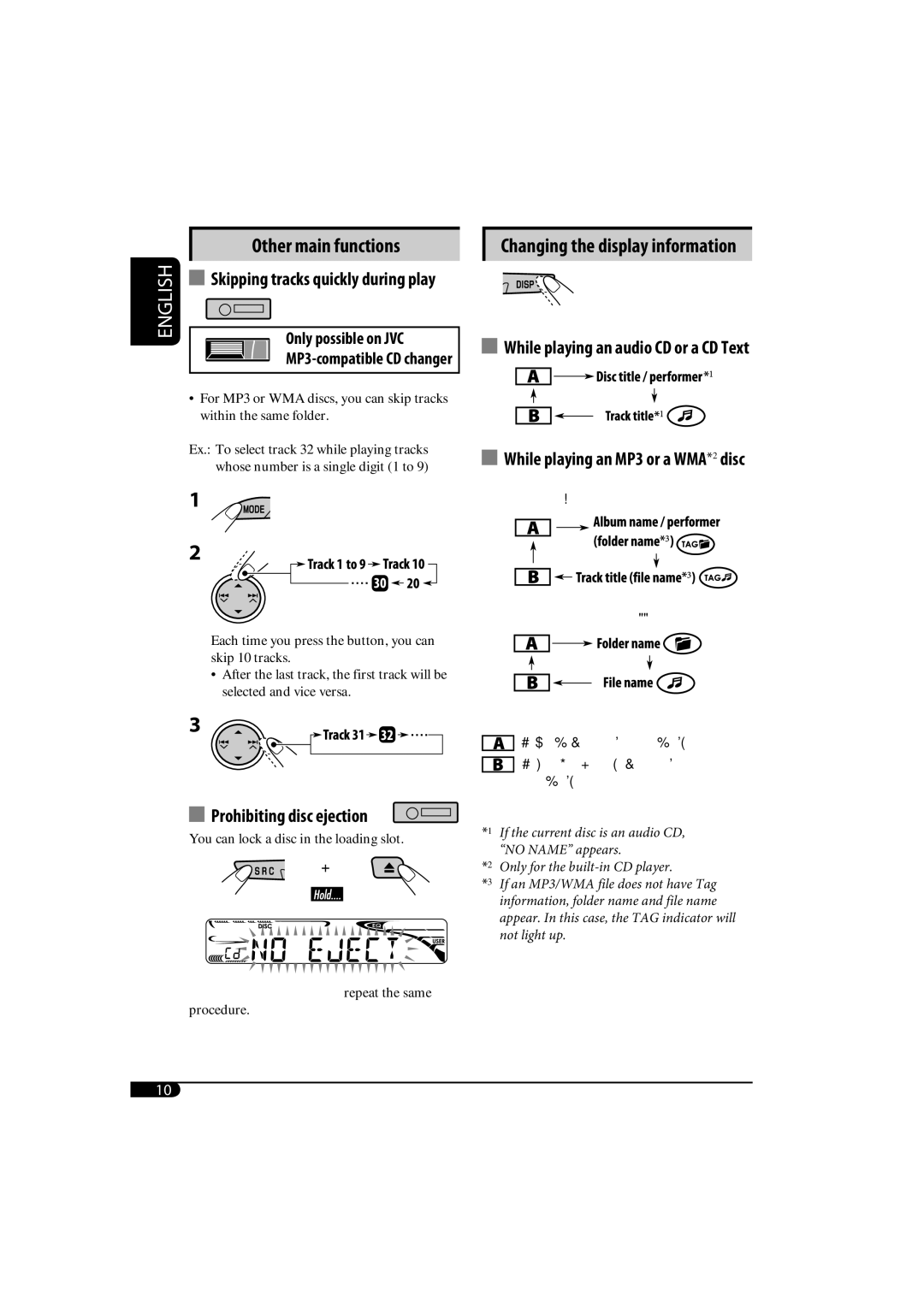 JVC KD-AR370, KD-G320 manual Changing the display information, Only possible on JVC, Skipping tracks quickly during play 