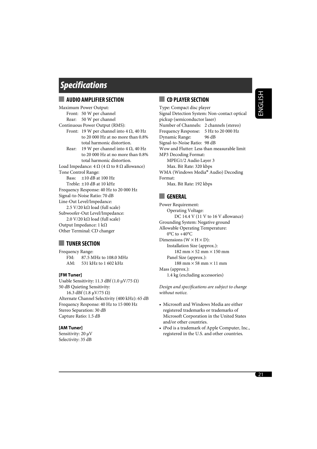 JVC KD-G320, KD-AR370 manual Specifications 