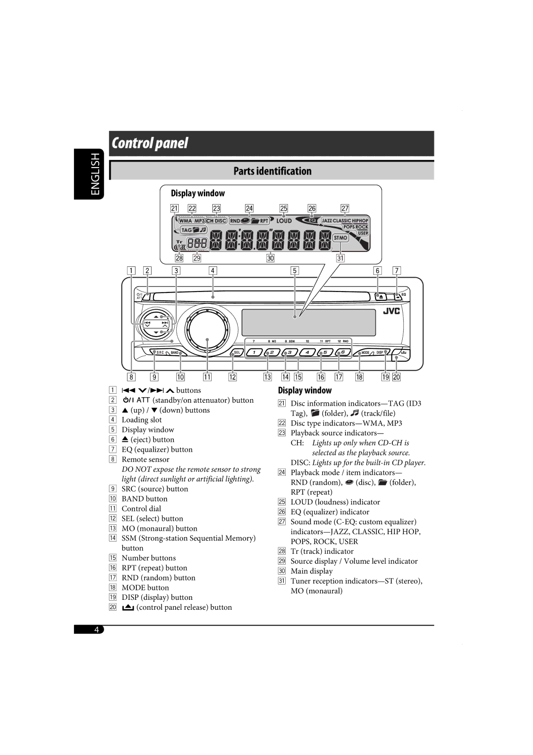 JVC KD-AR370, KD-G320 manual Control panel 