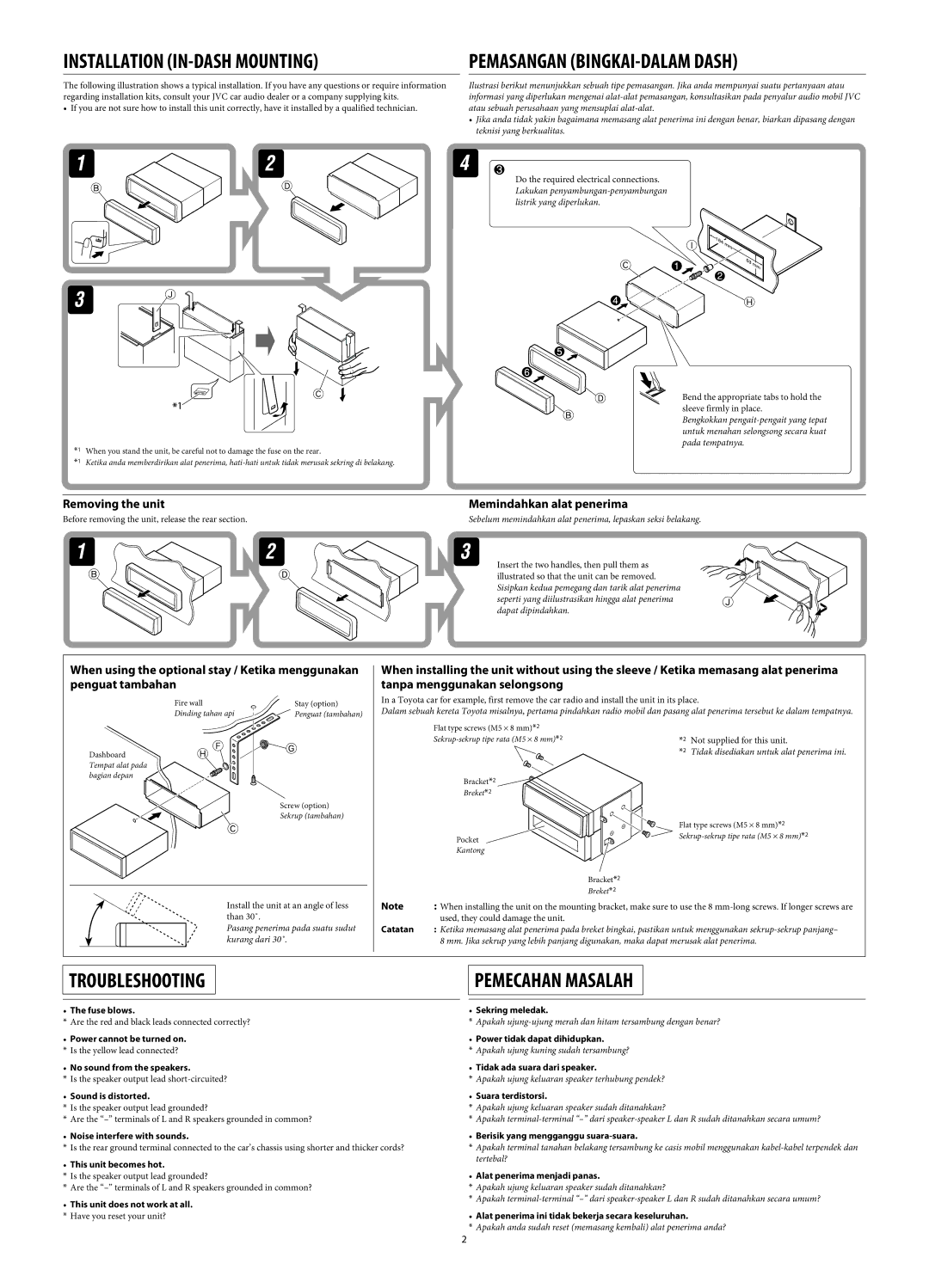 JVC KD-AR370, KD-G320 manual Memindahkan alat penerima 