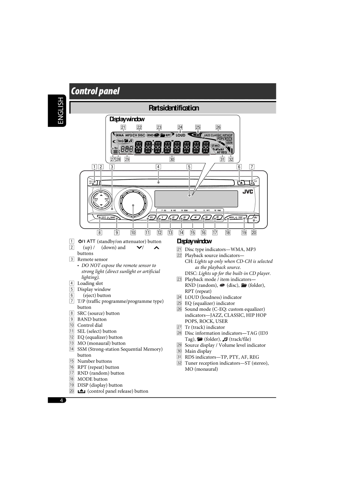 JVC KD-AR370, KD-G320 manual Control panel 