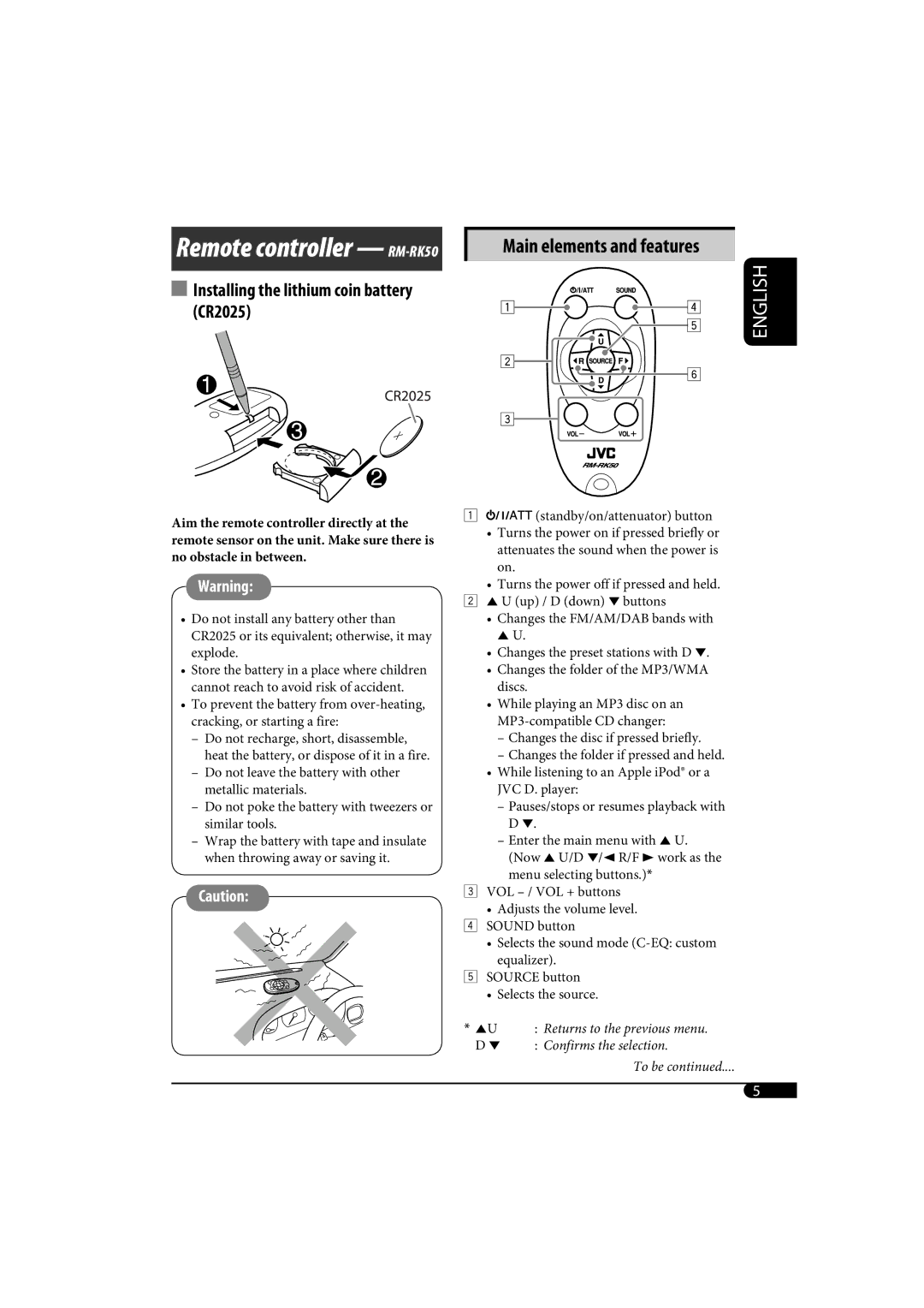 JVC KD-G320, KD-AR370 manual Remote controller RM-RK50 