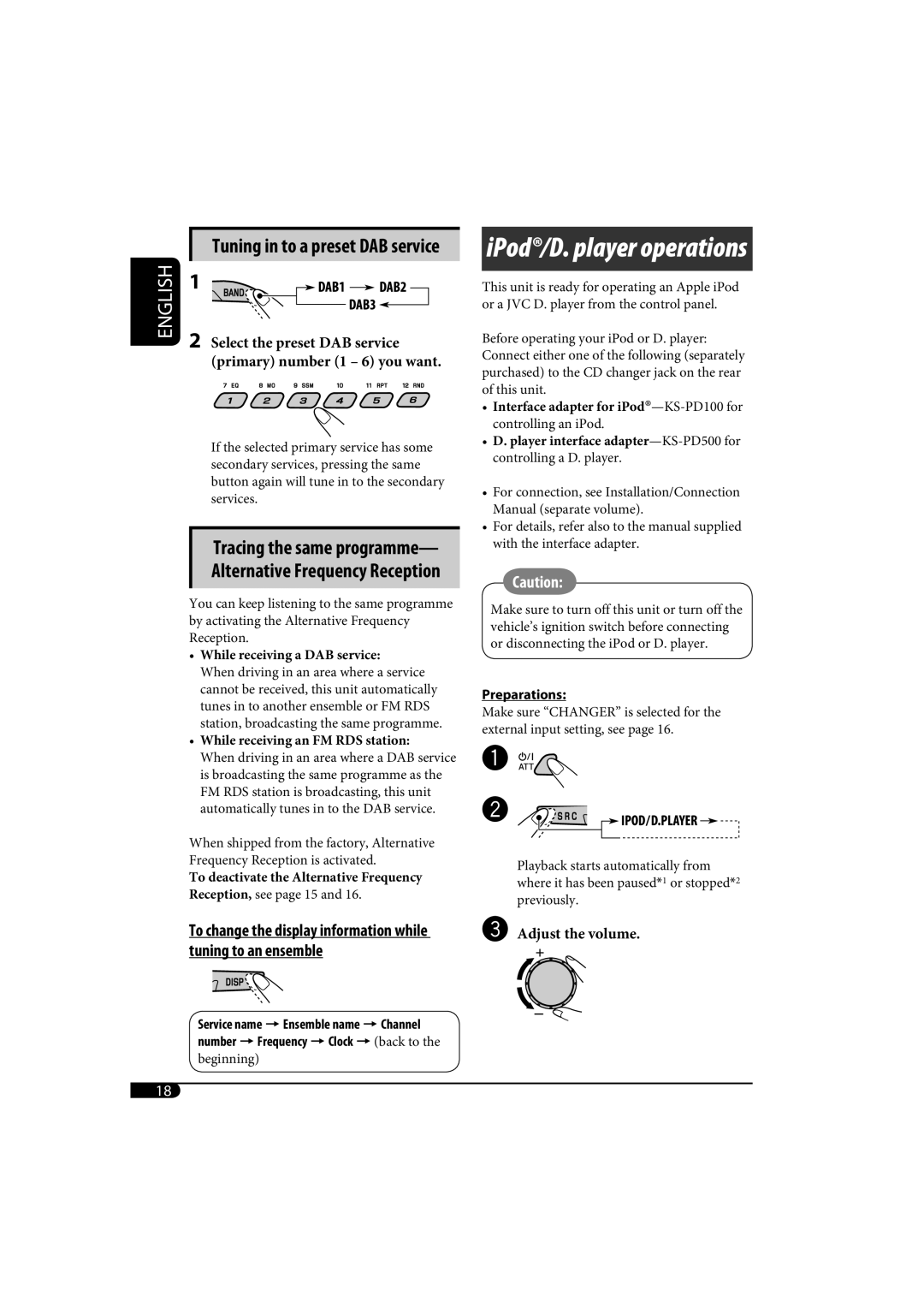 JVC KD-AR370, KD-G320 manual IPod/D. player operations 