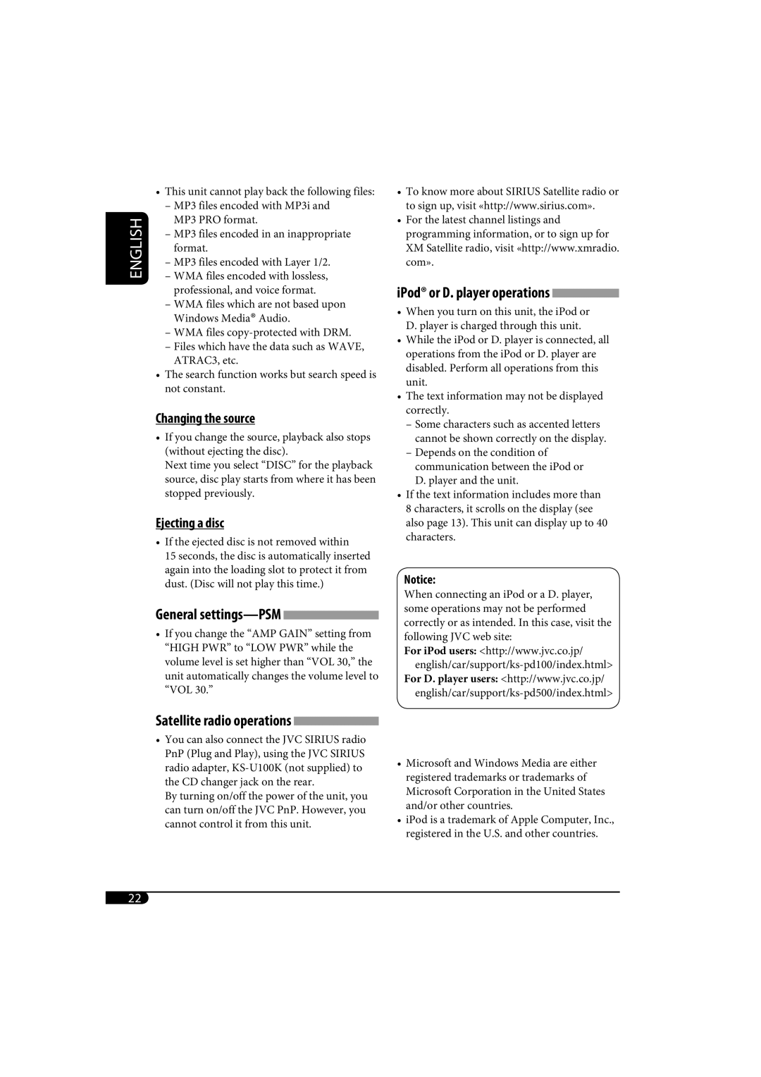 JVC KD-AR370, KD-G320 manual Changing the source, Ejecting a disc, General settings-PSM, IPod or D. player operations 