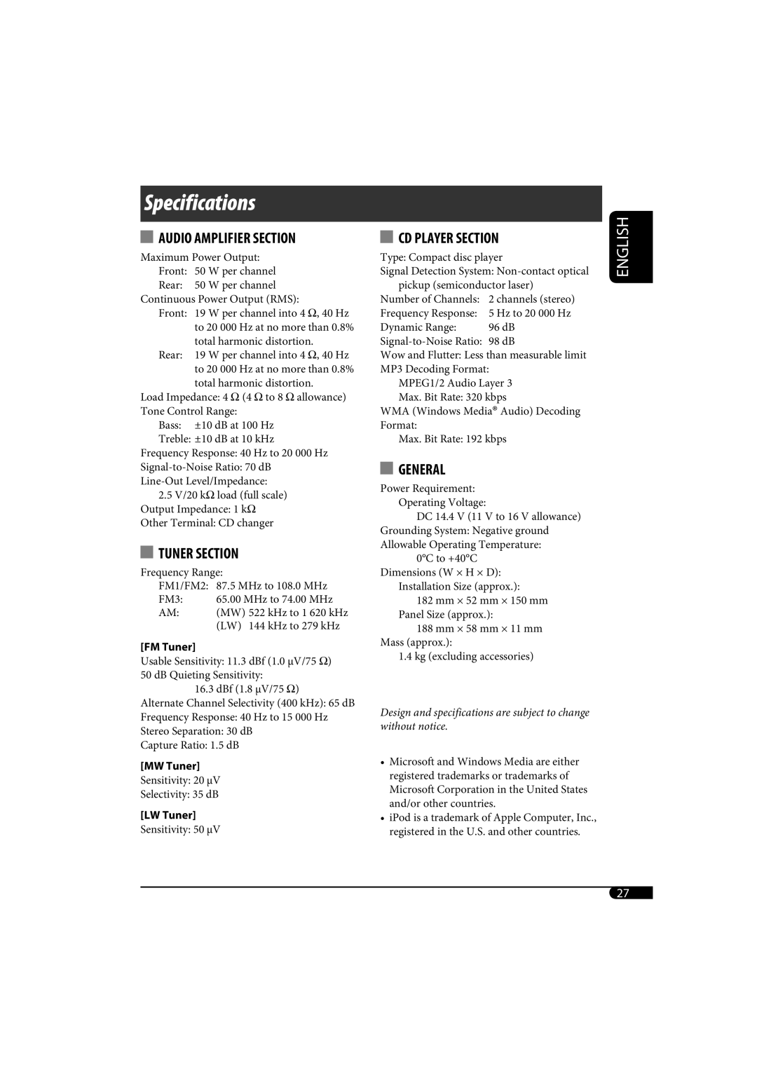 JVC KD-G320, KD-AR370 manual LW 144 kHz to 279 kHz 