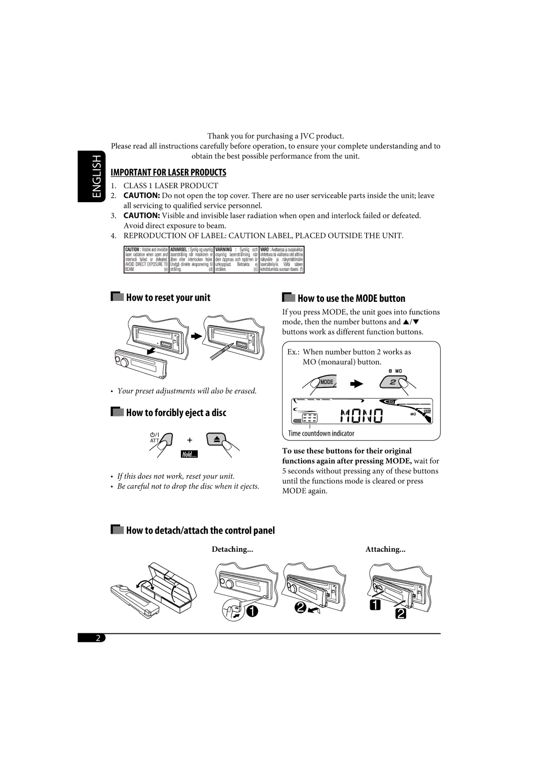 JVC KD-AR370, KD-G320 manual Important for Laser Products 