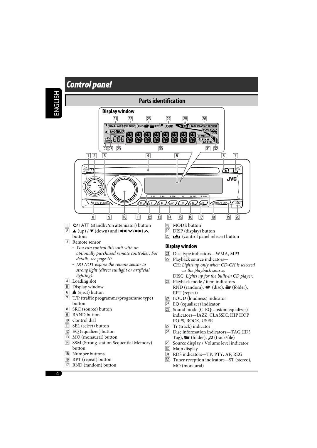 JVC KD-AR370, KD-G320 manual Control panel 